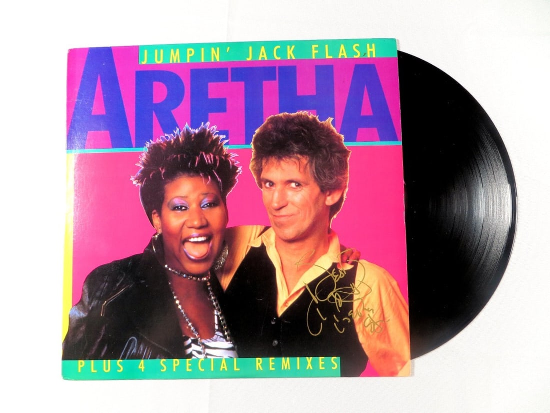 Aretha Franklin Signed Jumpin' Jack Flash Album Cover JSA Authenticated: Aretha Franklin Signed Jumpin' Jack Flash Album Cover JSA Authenticated This is an original autographed album cover of 'Jumpin' Jack Flash' by the iconic Aretha Franklin. The album cover features her 