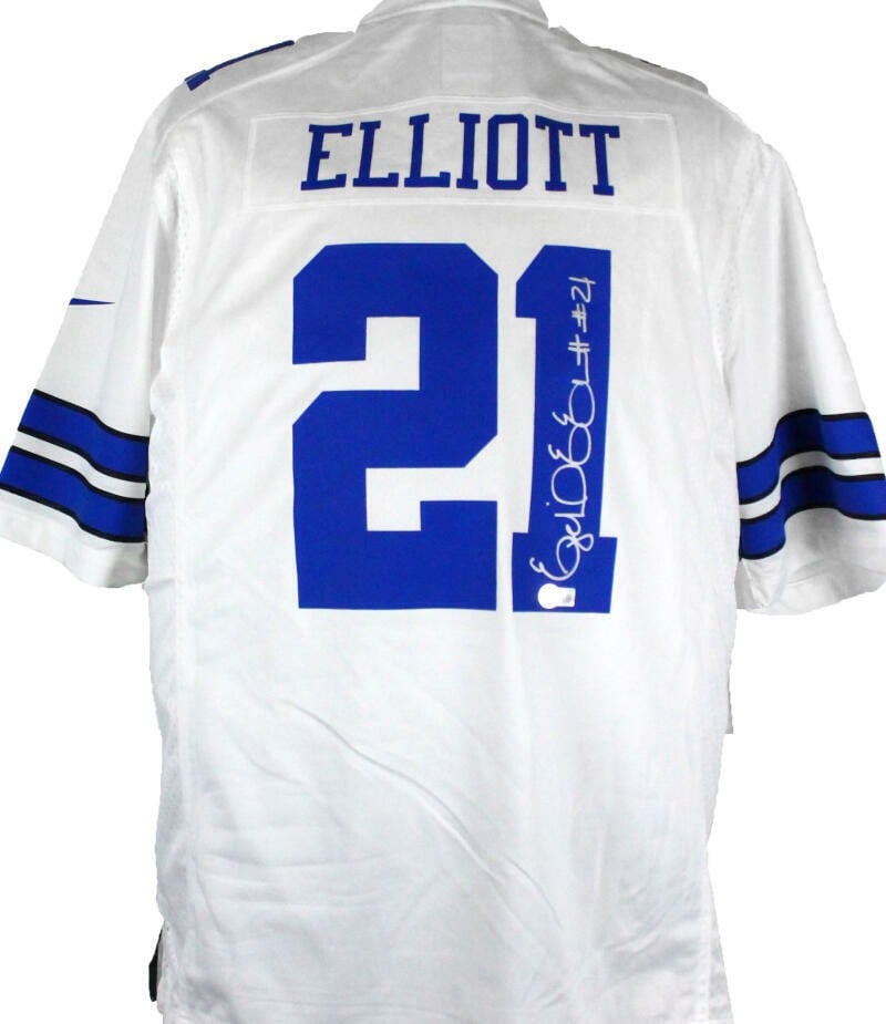 Signed Nike Game Jersey Ezekiel Elliott Dallas Cowboys Beckett: Signed Nike Game Jersey Ezekiel Elliott Dallas Cowboys Beckett Autographed Dallas Cowboys white Nike game jersey signed by Ezekiel Elliott. The jersey is listed as original and is in pre-owned conditi