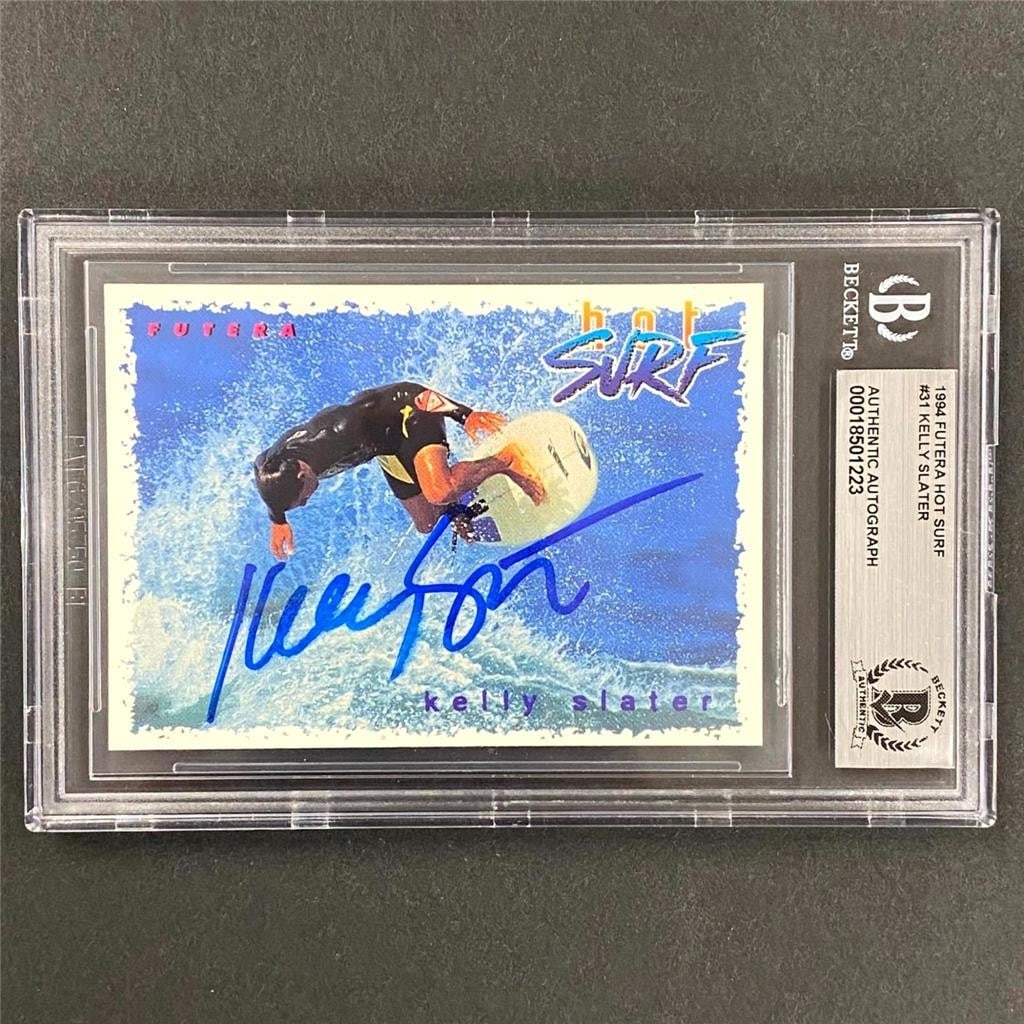 Kelly Slater 1994 Futera Hot Surf BAS Signed Trading Card: Kelly Slater 1994 Futera Hot Surf BAS Signed Trading Card This is a 1994 Futera Hot Surf #34 sports trading card featuring professional surfer Kelly Slater. The card is hard signed by Kelly Slater and