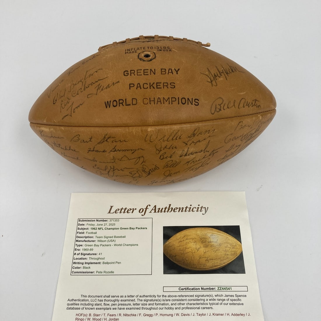 1962 Green Bay Packers Team Signed Football with JSA COA: 1962 Green Bay Packers Team Signed Football with JSA COA Celebrate the legacy of the 1962 Green Bay Packers with this authentic team-signed football. This Wilson commemorative football features the si