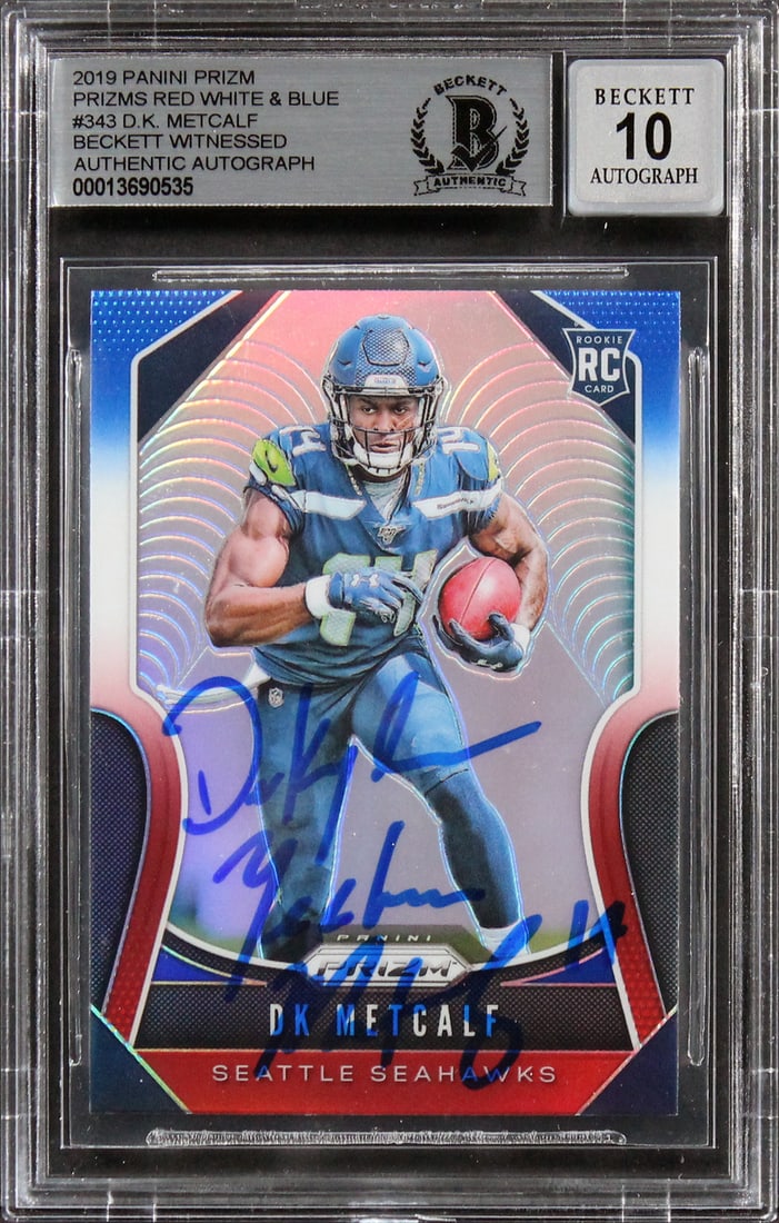 D.K. Metcalf Autographed 2019 Prizm Red White Blue Rookie Card BAS 10 (1 of 2)