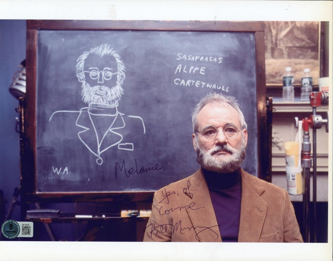 Bill Murray signed Royal Tenenbaums 8.5x11 Beckett photo with inscription: Bill Murray signed Royal Tenenbaums 8.5x11 Beckett photo with inscription This is an original 8.5x11 inch photograph featuring Bill Murray from The Royal Tenenbaums, inscribed with "Melanie, Yes Of Co