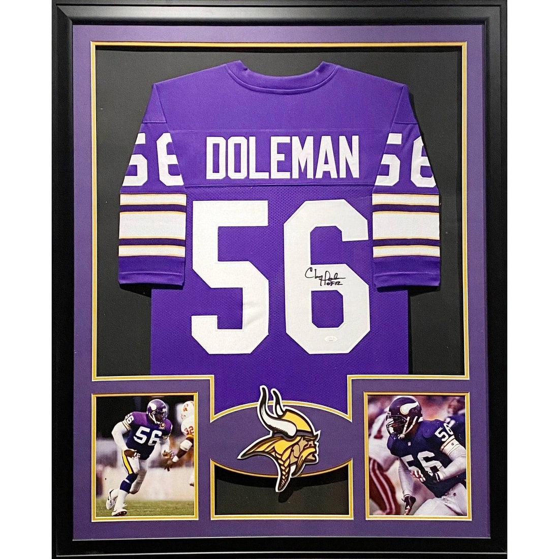 Framed Chris Doleman Signed Vikings Jersey JSA Authenticated Hall of Fame Display: Framed Chris Doleman Signed Vikings Jersey JSA Authenticated Hall of Fame Display This is a framed Minnesota Vikings jersey autographed by Chris Doleman, a Hall of Fame player. The jersey has been aut