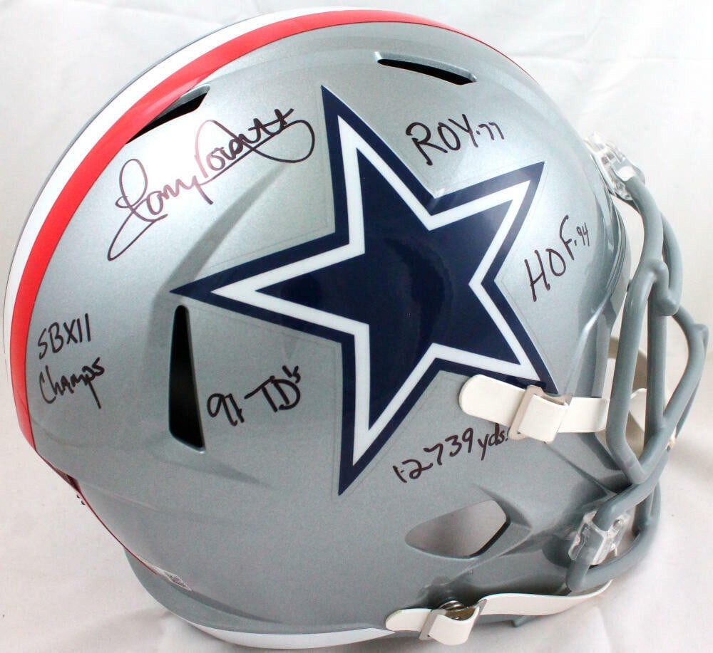 Tony Dorsett signed Dallas Cowboys full size Speed helmet 5 inscriptions Beckett: Tony Dorsett signed Dallas Cowboys full size Speed helmet 5 inscriptions Beckett Autographed Dallas Cowboys 1976 speed football helmet associated with Tony Dorsett. The item is an original, pre-owned 