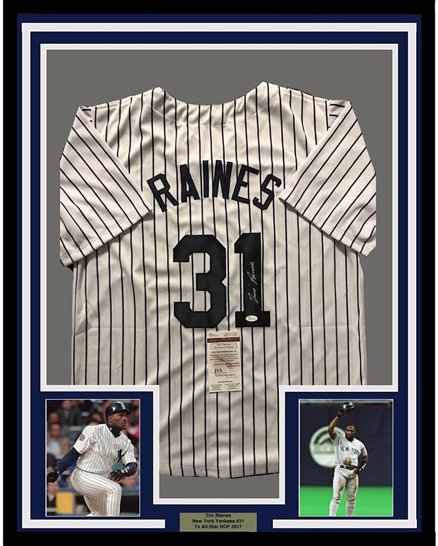 Framed Tim Raines signed Yankees pinstripe jersey JSA COA 33x42: Framed Tim Raines signed Yankees pinstripe jersey JSA COA 33x42 This professionally framed and matted New York Yankees pinstripe jersey features the autograph of Tim Raines. The display includes two 8