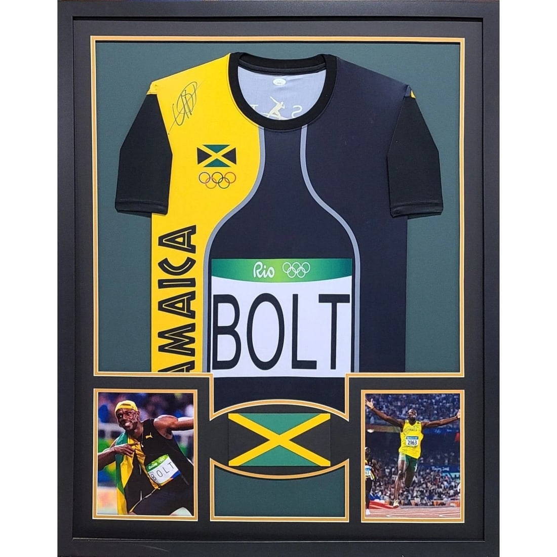 Framed Usain Bolt Autographed Jamaica Jersey JSA: Framed Usain Bolt Autographed Jamaica Jersey JSA This framed jersey features the authentic signature of Usain Bolt, representing Jamaica. The jersey is professionally framed with attention to detail, 