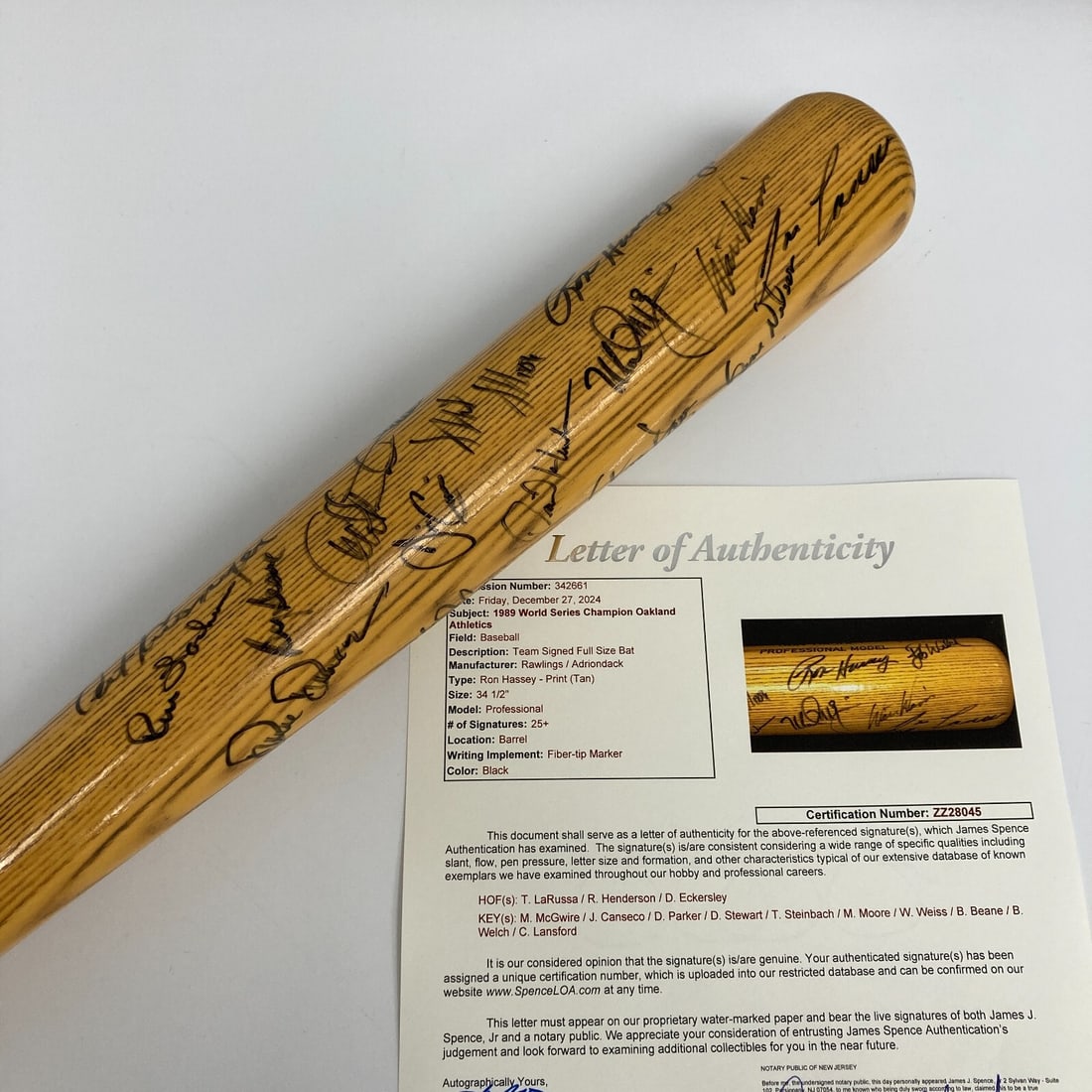 1989 Oakland Athletics Team Signed Bat with JSA COA: 1989 Oakland Athletics Team Signed Bat with JSA COA Celebrate the legacy of the 1989 Oakland Athletics with this authentic team-signed baseball bat, issued to catcher Ron Hassey. Measuring 34.5 inches