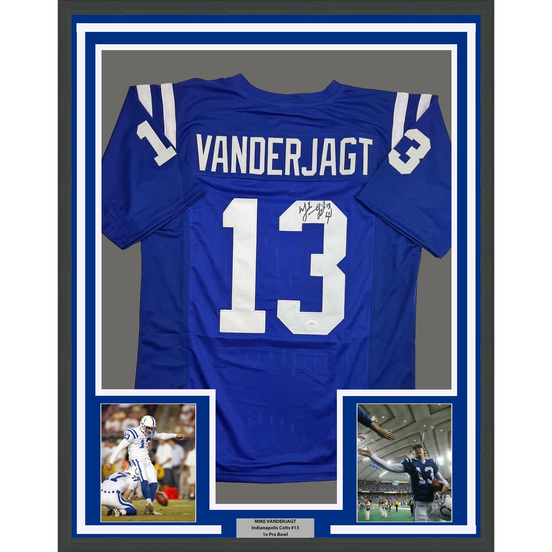 Mike Vanderjagt Signed Dallas Cowboys Jersey Display 35x39 With Photos Beckett Auth: Mike Vanderjagt Signed Dallas Cowboys Jersey Display 35x39 With Photos Beckett Auth This is a professionally framed and matted Dallas Cowboys blue jersey autographed by Mike Vanderjagt. The display in