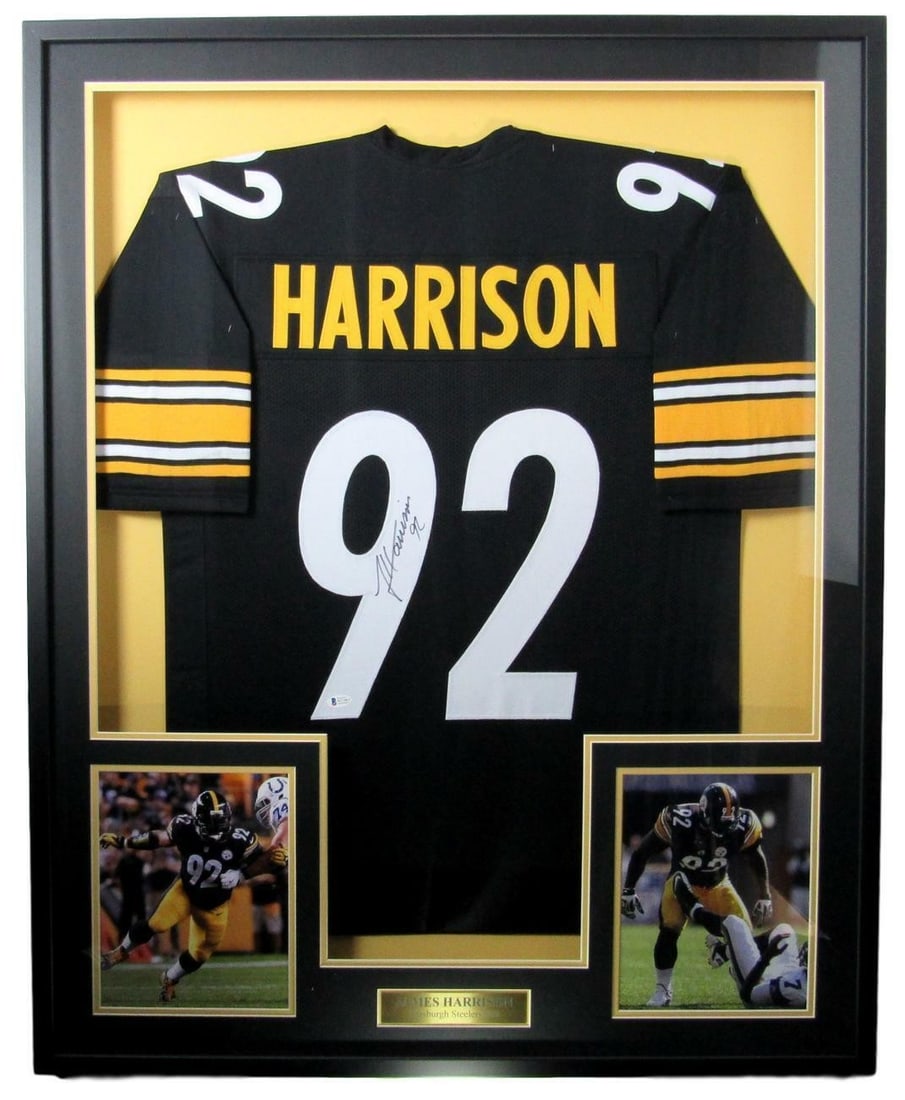 James Harrison HOF Signed Steelers Jersey with Framed Photos Beckett Authenticated: James Harrison HOF Signed Steelers Jersey with Framed Photos Beckett Authenticated Showcase your Pittsburgh Steelers pride with this James Harrison Hall of Fame Signed Black Football Jersey and Photos
