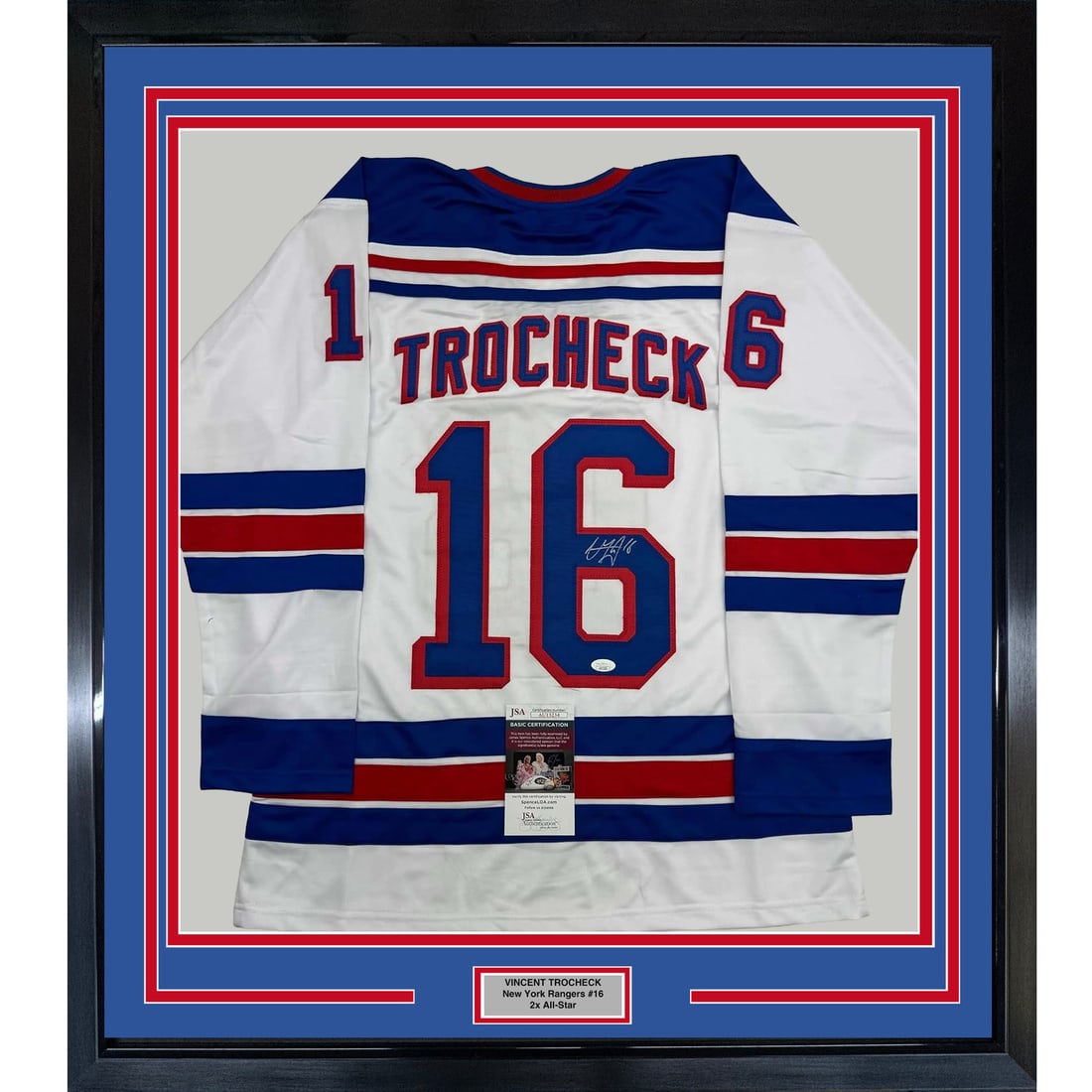 Framed Autographed Vincent Trocheck New York Rangers Jersey with JSA COA: Framed Autographed Vincent Trocheck New York Rangers Jersey with JSA COA Celebrate your love for hockey with this professionally framed autographed jersey of Vincent Trocheck from the New York Rangers