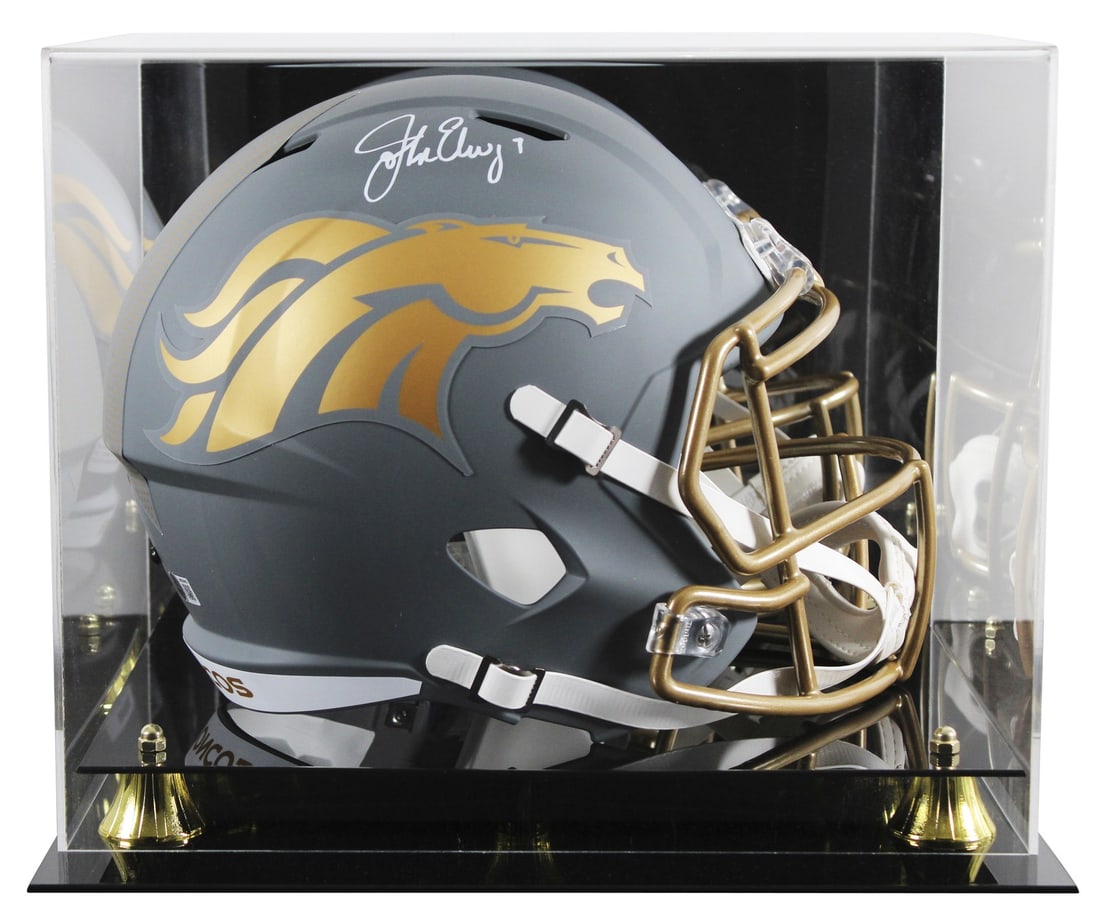 John Elway Autographed Denver Broncos Full Size Slate Speed Helmet With Case BAS Witnessed: John Elway Autographed Denver Broncos Full Size Slate Speed Helmet With Case BAS Witnessed This full-size Riddell Speed Replica helmet features the alternate slate design of the Denver Broncos and has