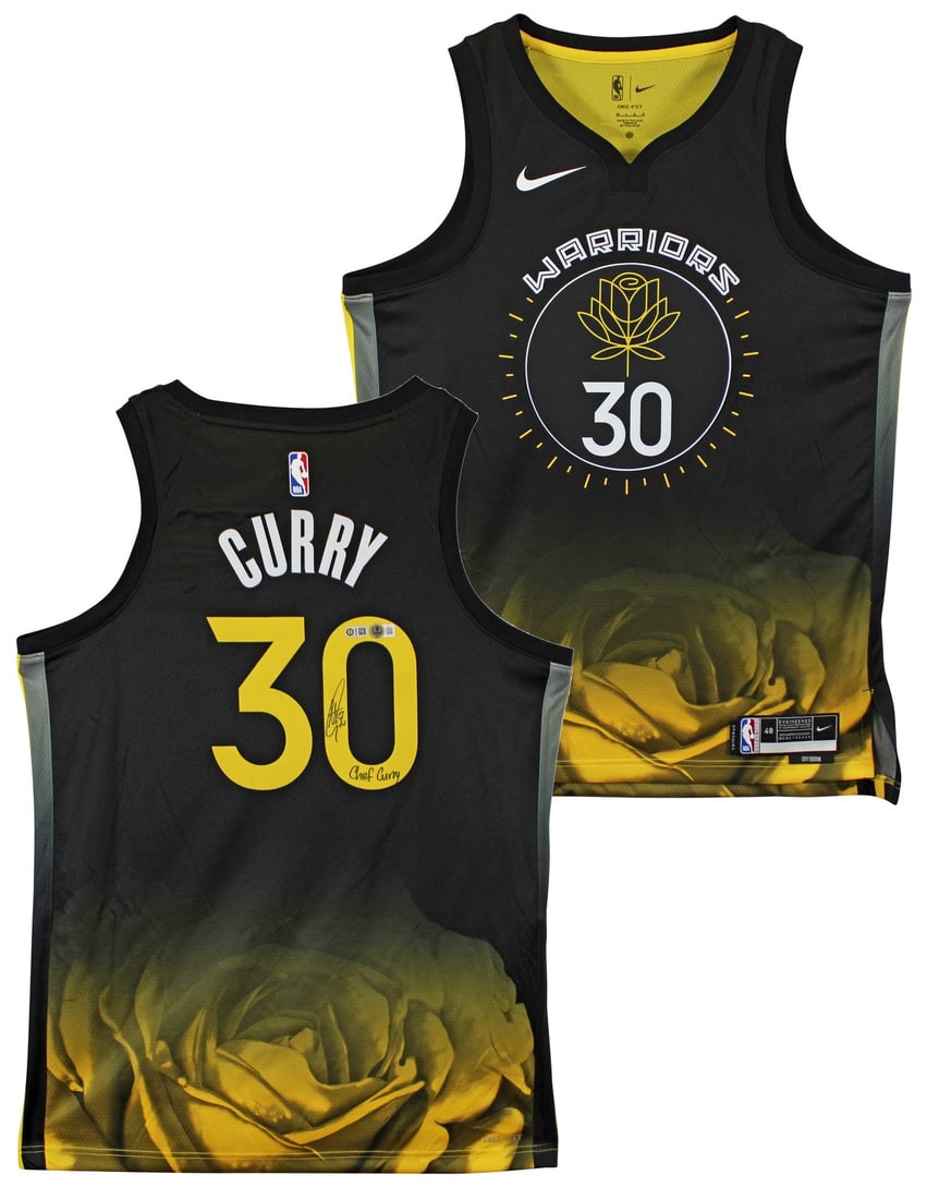 Stephen Curry Signed Black Rose City Nike Warriors Jersey Chef Curry Inscription BAS: Stephen Curry Signed Black Rose City Nike Warriors Jersey Chef Curry Inscription BAS This is a black Nike Rose City Edition Golden State Warriors jersey signed by Stephen Curry. The jersey features th