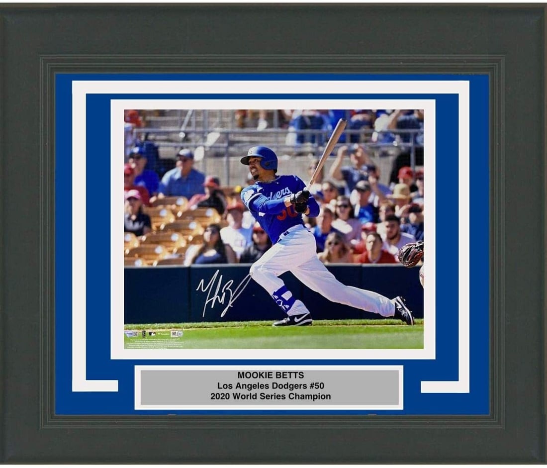 Framed Mookie Betts signed Dodgers 16x20 photo Fanatics COA: Framed Mookie Betts signed Dodgers 16x20 photo Fanatics COA This professionally framed and matted 16x20 photo features an authentic autograph from Mookie Betts of the Los Angeles Dodgers. The autograp