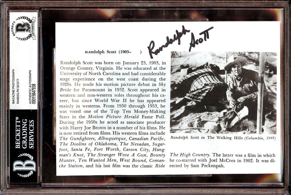 Randolph Scott Signed Magazine Photograph Beckett Authenticated 6 x 9 Slabbed: Randolph Scott Signed Magazine Photograph Beckett Authenticated 6 x 9 Slabbed This item is an original magazine photograph signed by Randolph Scott, featuring an image from 'The Waking Hills.' The aut