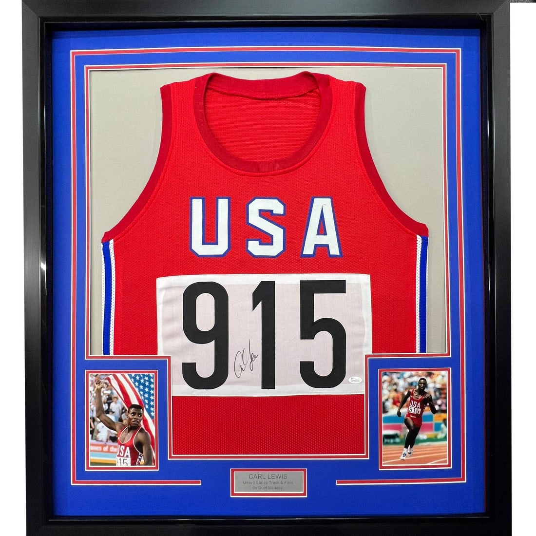 Carl Lewis signed framed USA jersey 33x42 JSA COA: Carl Lewis signed framed USA jersey 33x42 JSA COA This framed display features a red United States jersey autographed by Carl Lewis. The item is professionally framed and matted, includes two 8x10 pho