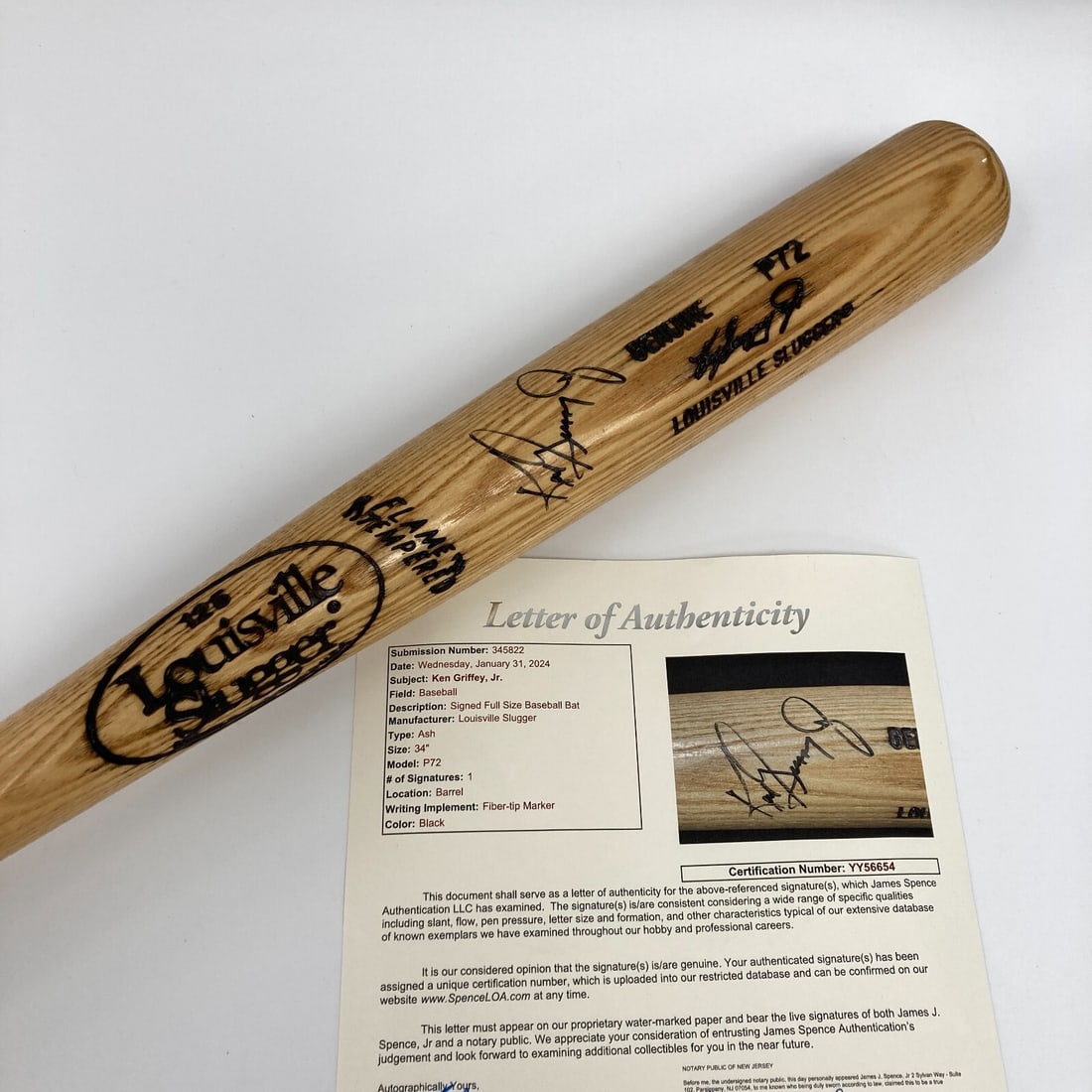 Ken Griffey Jr Signed Louisville Slugger Game Bat JSA COA: Ken Griffey Jr Signed Louisville Slugger Game Bat JSA COA This is a Ken Griffey Jr. signed professional model Louisville Slugger game bat, authenticated by James Spence Authentication (JSA). It featur
