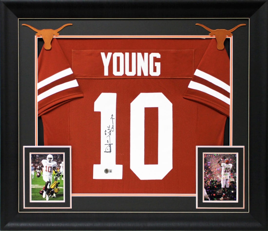 Vince Young Signed Burnt Orange Framed Jersey '05 Nat'l Champs Beckett Authenticated: Vince Young Signed Burnt Orange Framed Jersey '05 Nat'l Champs Beckett Authenticated This autographed burnt orange pro style framed jersey features the inscription "05 Nat'l Champs" and has been perso