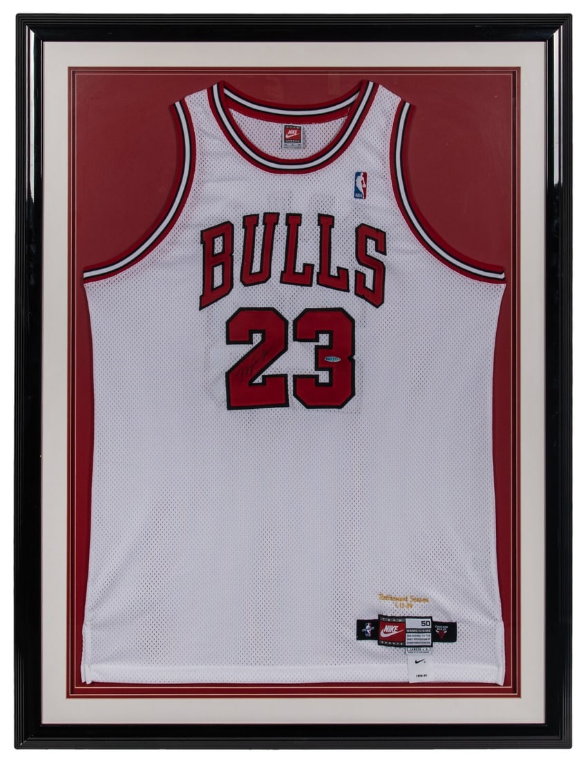 Framed 1998 Chicago Bulls Michael Jordan signed retirement jersey Upper Deck: Framed 1998 Chicago Bulls Michael Jordan signed retirement jersey Upper Deck Celebrate the legacy of basketball legend Michael Jordan with this original 1998 Chicago Bulls jersey, signed by the player