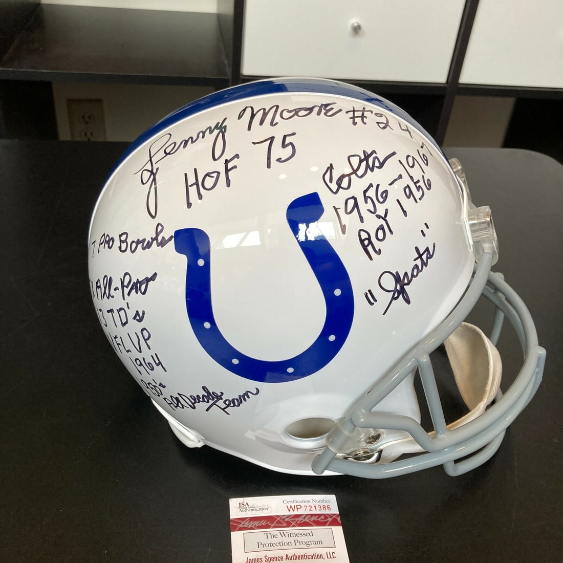 Lenny Moore Signed Baltimore Colts Helmet with Career Stats JSA COA: Lenny Moore Signed Baltimore Colts Helmet with Career Stats JSA COA This authentic Baltimore Colts helmet features the signature of Lenny Moore, a renowned NFL player, along with his heavily inscribed