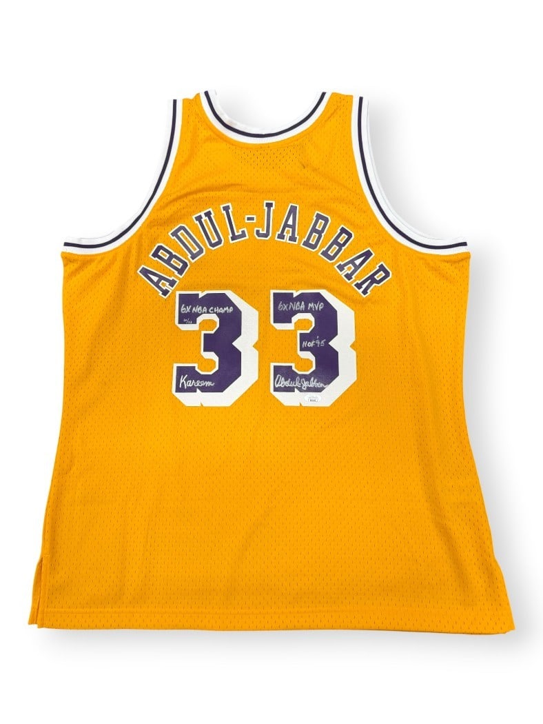 Kareem Abdul-Jabbar Autographed Lakers Swingman Jersey Limited to 33 JSA Authenticated: Kareem Abdul-Jabbar Autographed Lakers Swingman Jersey Limited to 33 JSA Authenticated This is a limited edition Los Angeles Lakers Swingman jersey signed by Kareem Abdul-Jabbar. The jersey features s