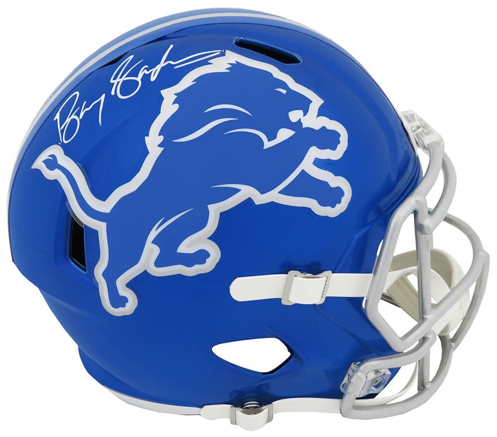Barry Sanders Signed Detroit Lions Flash Riddell Helmet with COA: Barry Sanders Signed Detroit Lions Flash Riddell Helmet with COA This is a full-size replica helmet of Barry Sanders, a legendary NFL player renowned for his agility and skill, representing the Detroi