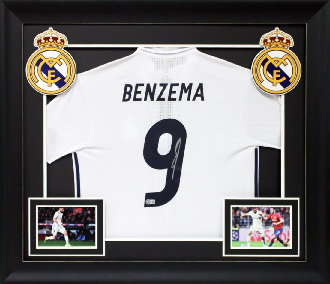 Karim Benzema Signed Real Madrid Framed Jersey with Beckett Authentication: Karim Benzema Signed Real Madrid Framed Jersey with Beckett Authentication Celebrate the legacy of soccer star Karim Benzema with this authentic, autographed white Adidas jersey from the Real Madrid F