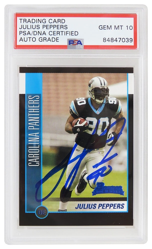 Julius Peppers Signed 2002 Bowman Rookie Card #144 PSA Auto 10: Julius Peppers Signed 2002 Bowman Rookie Card #144 PSA Auto 10 This is a signed Julius Peppers 2002 Bowman football rookie card #144 representing the Carolina Panthers. The card features a GEM Mint 10