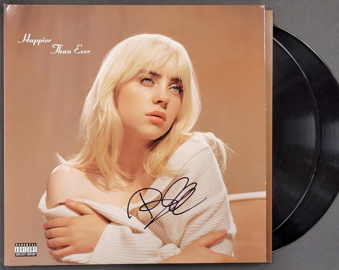 Autographed Billie Eilish Happier Than Ever Album Cover With PSA Authentication: Autographed Billie Eilish Happier Than Ever Album Cover With PSA Authentication This is an original Billie Eilish 'Happier Than Ever' vinyl album cover autographed by Billie Eilish. The signature has 