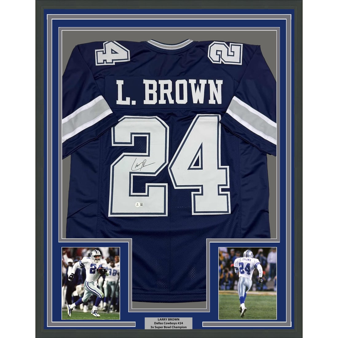 Framed Dallas Cowboys Larry Brown signed jersey 35x39 JSA COA: Framed Dallas Cowboys Larry Brown signed jersey 35x39 JSA COA This framed Dallas Cowboys football jersey is autographed by Larry Brown. The jersey is professionally framed and matted, includes two 5x7