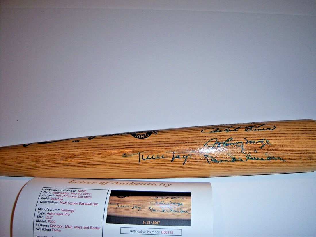 Signed Baseball Bat Willie Mays Duke Snider Johnny Mize Ralph Kiner George Foster JSA COA (1 of 1)