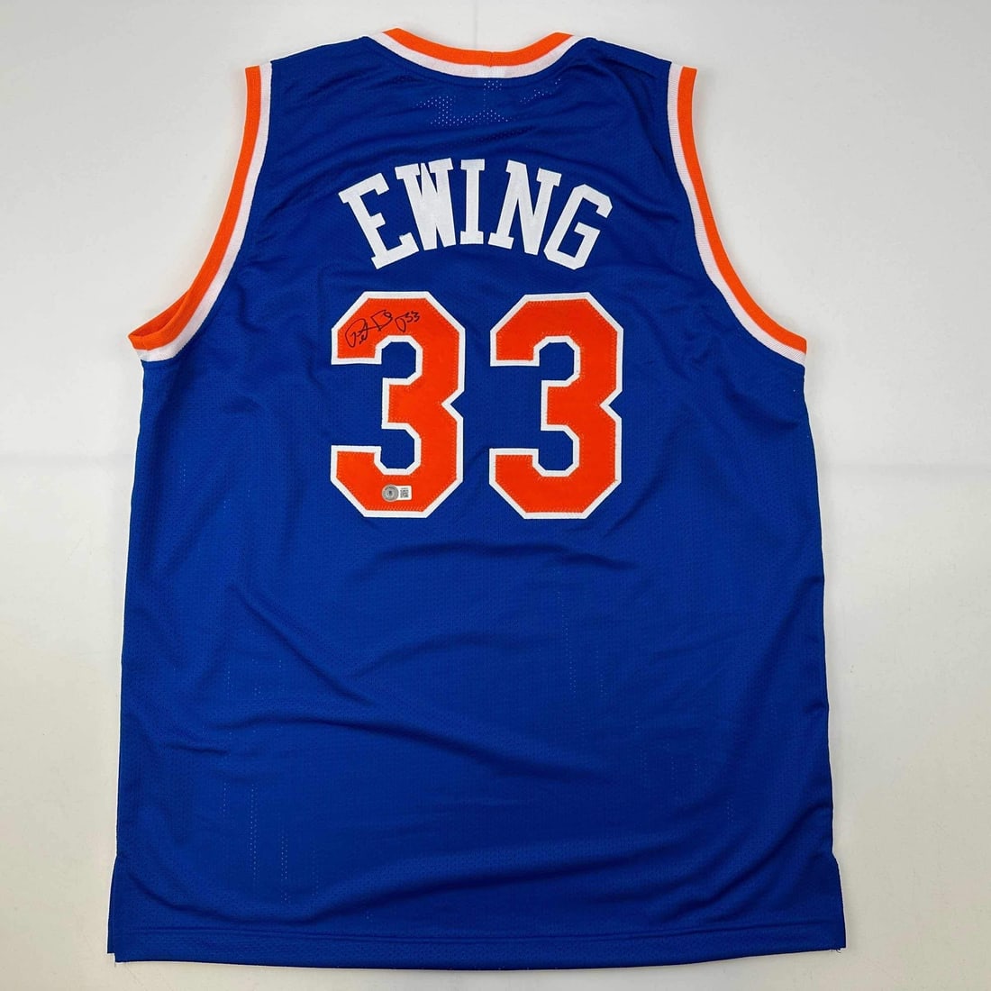 Patrick Ewing Signed New York Knicks Blue Jersey Beckett BAS COA: Patrick Ewing Signed New York Knicks Blue Jersey Beckett BAS COA Celebrate the legacy of Patrick Ewing with this autographed New York Knicks blue basketball jersey. This custom jersey proudly showcase