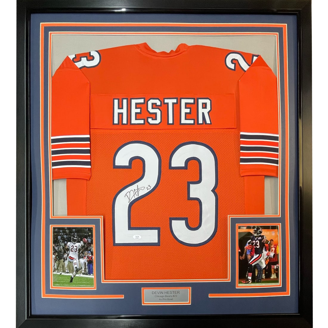 Framed Devin Hester Autographed Chicago Bears Jersey with JSA COA: Framed Devin Hester Autographed Chicago Bears Jersey with JSA COA Celebrate the legacy of NFL star Devin Hester with this professionally framed autographed Chicago Bears jersey. This vibrant orange je