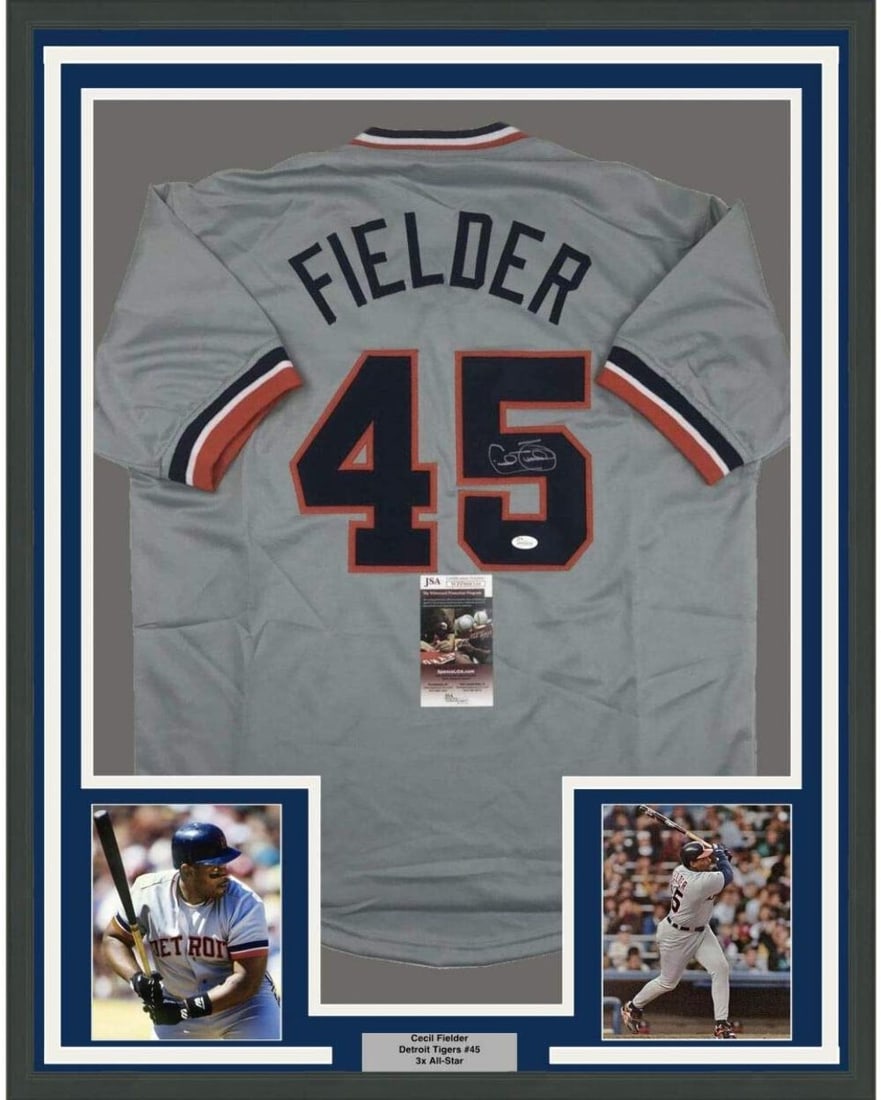 Framed Autographed Cecil Fielder Detroit Tigers Jersey with JSA COA: Framed Autographed Cecil Fielder Detroit Tigers Jersey with JSA COA Showcase your love for baseball with this professionally framed autographed jersey of Cecil Fielder from the Detroit Tigers. This st