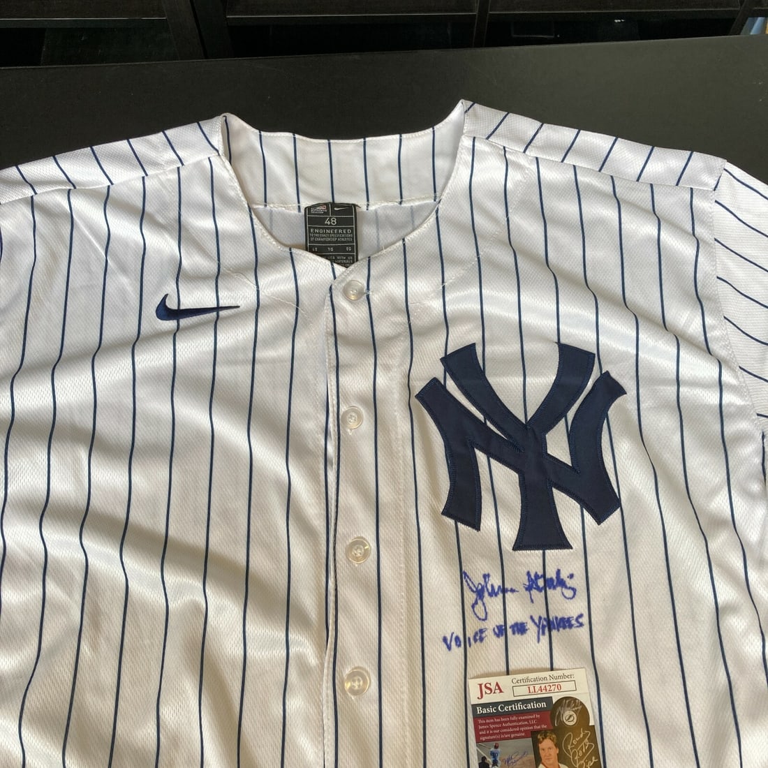 Signed Yankees Jersey John Sterling JSA COA: Signed Yankees Jersey John Sterling JSA COA This pre-owned New York Yankees jersey is signed by John Sterling, known as the "Voice of the Yankees." The autograph is authenticated by James Spence Authe
