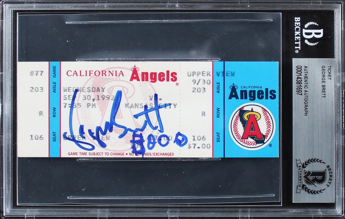 George Brett Signed Ticket Stub 3000 Royals Sept 30 1992 Beckett Authenticated: George Brett Signed Ticket Stub 3000 Royals Sept 30 1992 Beckett Authenticated This authentic ticket stub from the Kansas City Royals game against the Angels on September 30, 1992, features the signif