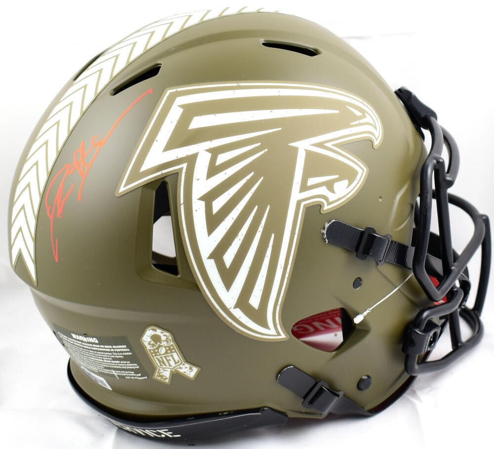 Atlanta Falcons F S Speed Helmet Signed by Deion Sanders Beckett Authenticated: Atlanta Falcons F S Speed Helmet Signed by Deion Sanders Beckett Authenticated This is an original Atlanta Falcons full-size Salute to Service Speed helmet signed by Deion Sanders. The item is pre-own