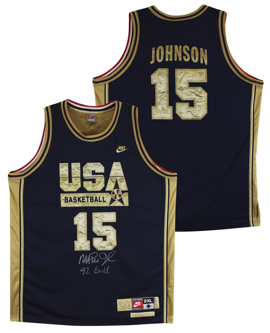 Magic Johnson Signed Team USA Jersey with 92 Gold Inscription BAS Authenticated: Magic Johnson Signed Team USA Jersey with 92 Gold Inscription BAS Authenticated This authentic Navy & Gold Nike Team USA Dream Team Jersey is personally signed by Magic Johnson, the legendary player f