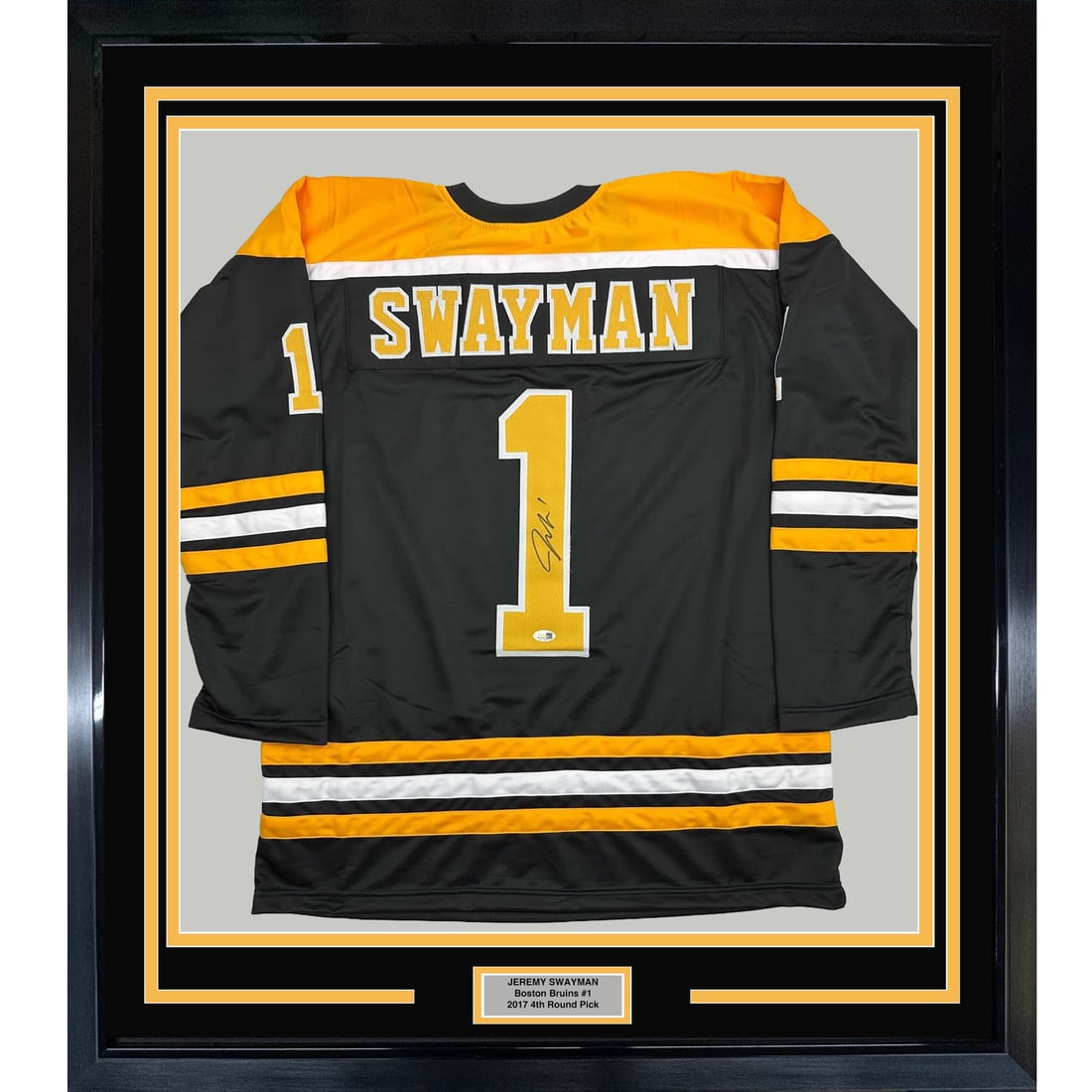 Framed Signed Jeremy Swayman Boston Bruins Jersey with JSA COA 35x39: Framed Signed Jeremy Swayman Boston Bruins Jersey with JSA COA 35x39 This stunning framed display features a signed Jeremy Swayman jersey from the Boston Bruins, a must-have for any hockey enthusiast.