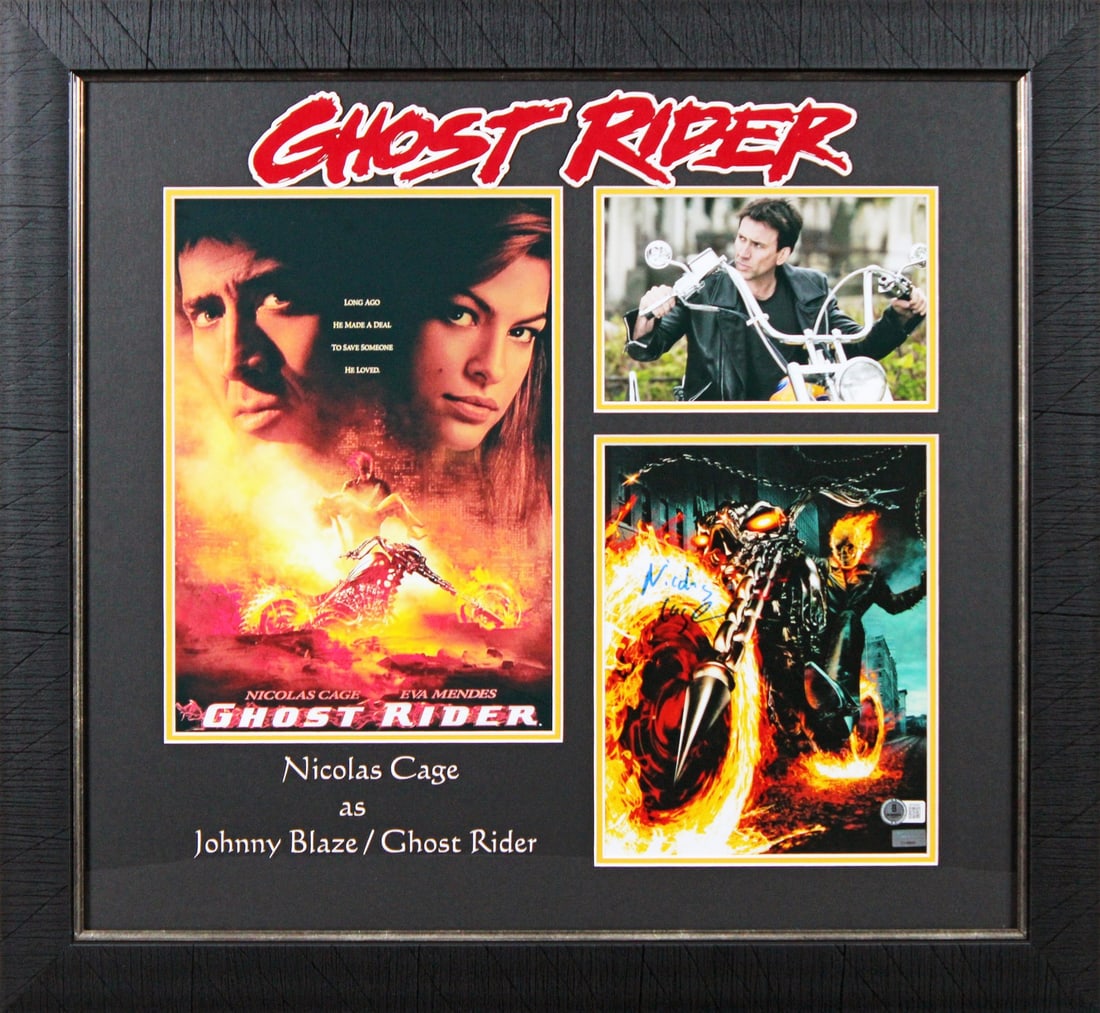 Framed 8x10 Ghost Rider Photo Signed by Nicolas Cage Beckett Authenticated: Framed 8x10 Ghost Rider Photo Signed by Nicolas Cage Beckett Authenticated This is an autographed vertical 8x10 framed photograph personally signed by Nicolas Cage for Ghost Rider. It is an original i