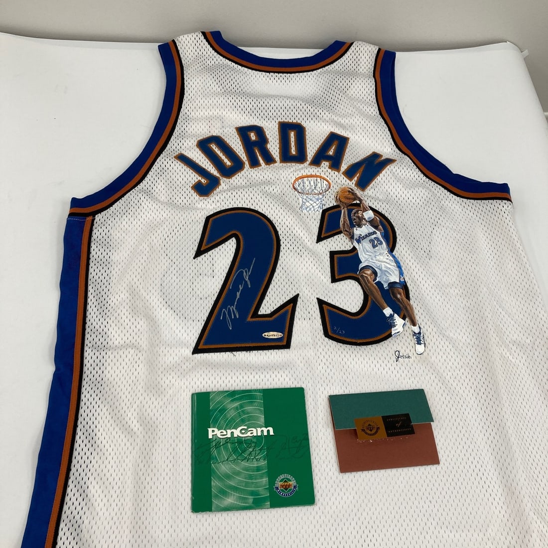 Michael Jordan autographed Wizards game model jersey with Upper Deck original artwork: Michael Jordan autographed Wizards game model jersey with Upper Deck original artwork This is an original Michael Jordan signed Washington Wizards game model authentic jersey from the 2001-02 season. 
