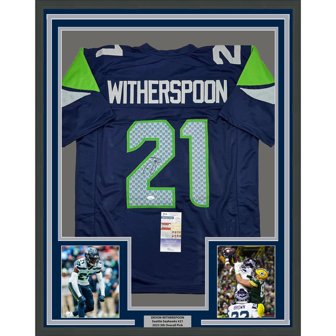 Devon Witherspoon Signed Seahawks Jersey Framed 35x39 JSA COA: Devon Witherspoon Signed Seahawks Jersey Framed 35x39 JSA COA This is a professionally framed and matted Seattle Seahawks blue jersey autographed by Devon Witherspoon. The display includes two 5x7 pho