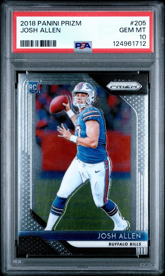 2018 Panini Prizm Josh Allen #205 Rookie Card PSA 10 Gem Mint NFL: 2018 Panini Prizm Josh Allen #205 Rookie Card PSA 10 Gem Mint NFL This is a graded 2018 Panini Prizm Josh Allen #205 Rookie RC Football Card, rated PSA 10 Gem Mint. The card features Josh Allen, the q