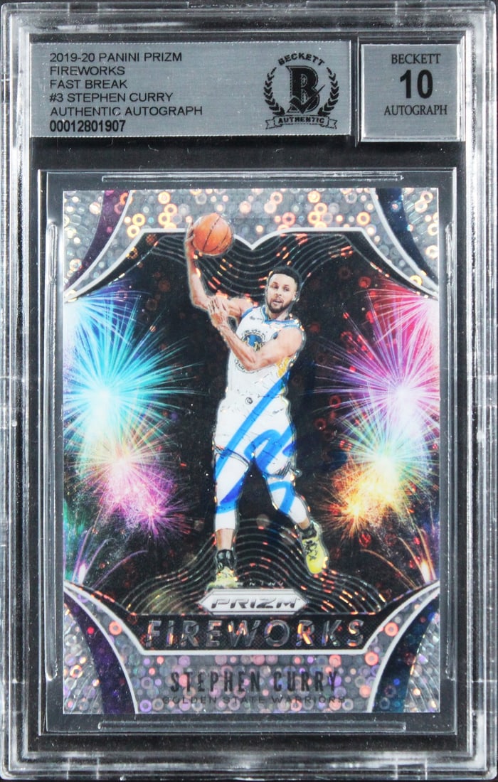 Stephen Curry autographed 2019 Panini Prizm Fireworks Fast Break #3 BAS slabbed: Stephen Curry autographed 2019 Panini Prizm Fireworks Fast Break #3 BAS slabbed This is an original 2019 Panini Prizm Fireworks Fast Break #3 basketball card, personally signed by Stephen Curry of the