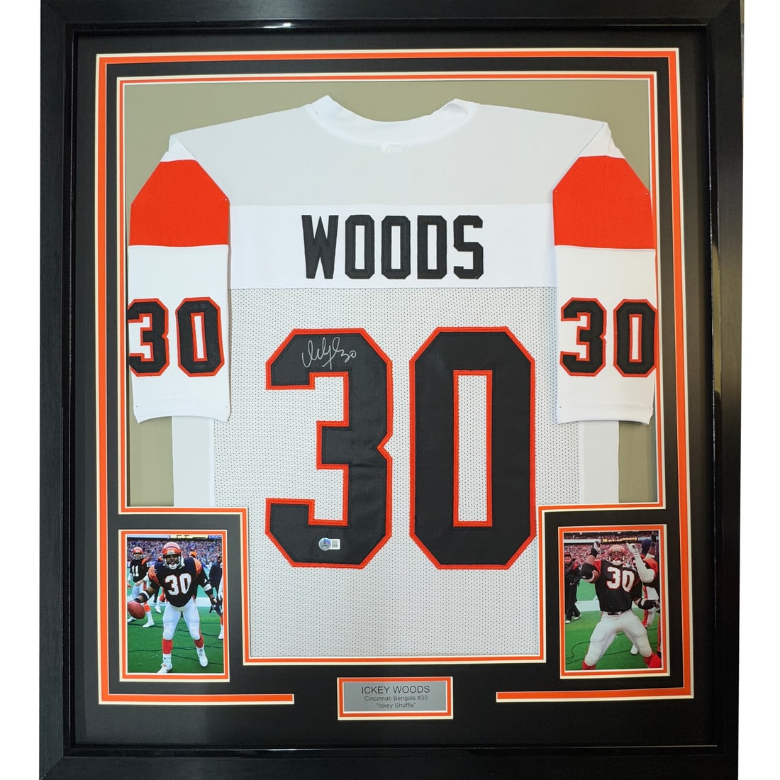 Ickey Woods signed Bengals white jersey framed 35x39 JSA COA: Ickey Woods signed Bengals white jersey framed 35x39 JSA COA This framed Cincinnati Bengals white jersey is autographed by Ickey Woods and comes with authentication from James Spence Authentication (J