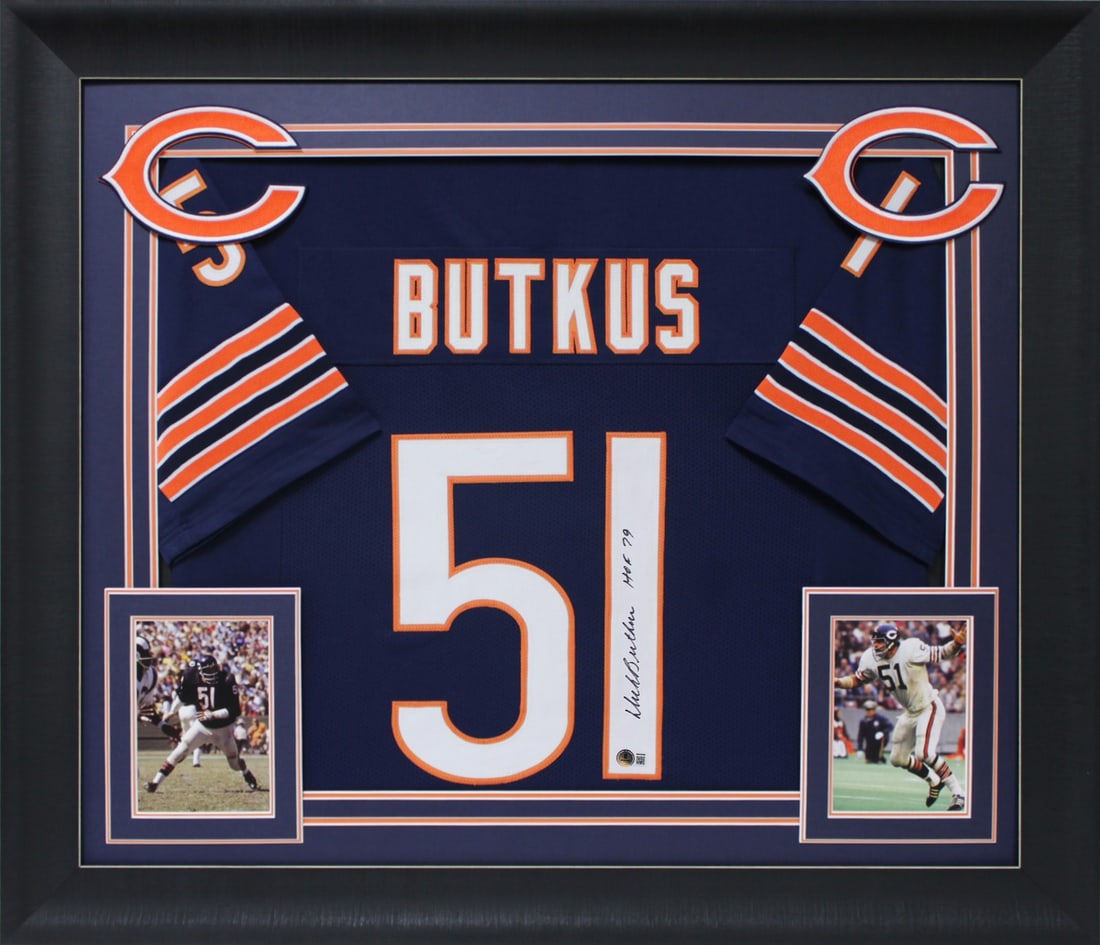 Framed Dick Butkus signed Chicago Bears jersey with HOF 79 BAS: Framed Dick Butkus signed Chicago Bears jersey with HOF 79 BAS This is an autographed navy blue pro style framed jersey personally signed by Dick Butkus of the Chicago Bears, featuring the inscription
