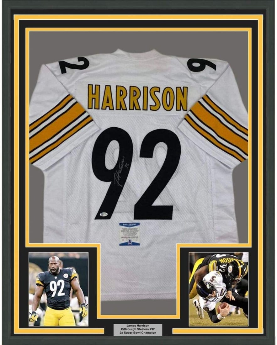 James Harrison Signed Framed Steelers White Jersey 33x42 Beckett COA: James Harrison Signed Framed Steelers White Jersey 33x42 Beckett COA Professionally framed and matted autographed James Harrison Pittsburgh white jersey. This original football collectible includes tw