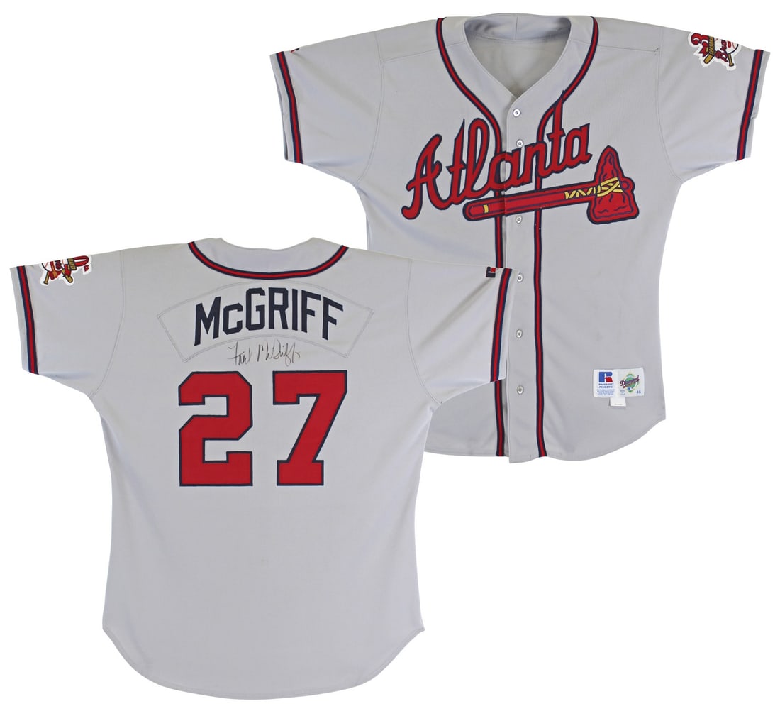 Fred McGriff Signed 1995 Braves Game Worn Russell Athletic Jersey BAS: Fred McGriff Signed 1995 Braves Game Worn Russell Athletic Jersey BAS This is a 1995 Atlanta Braves grey Russell Athletic jersey, size 46, that was game worn and personally signed by Fred McGriff. The