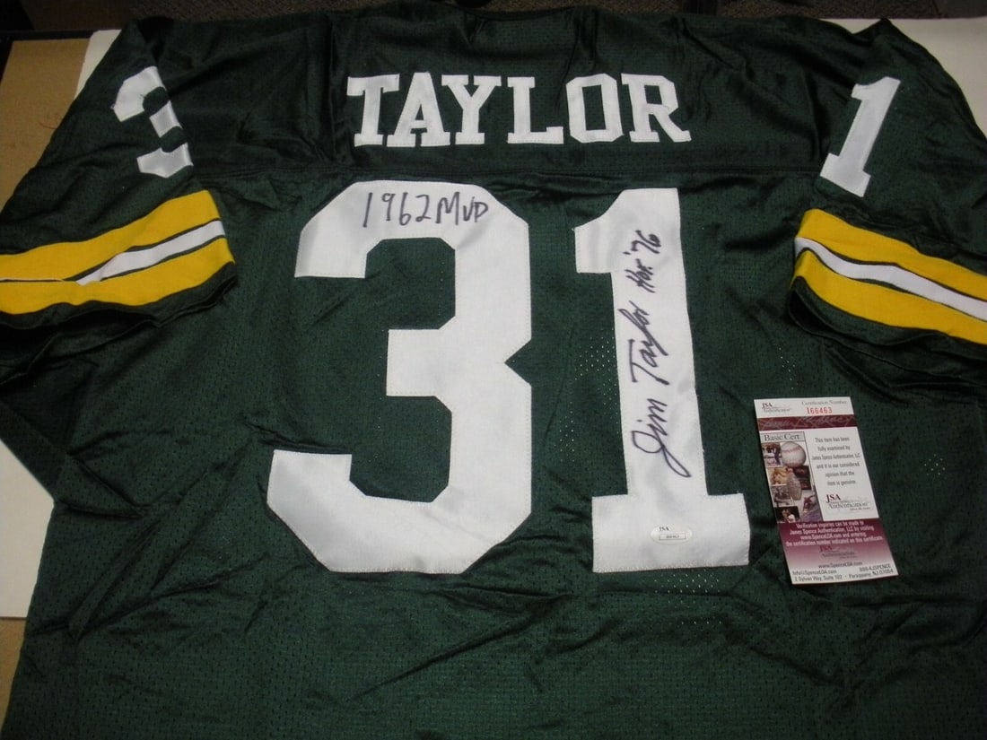 Jim Taylor Green Bay Packers Signed Jersey HOF 1976 MVP JSA COA: Jim Taylor Green Bay Packers Signed Jersey HOF 1976 MVP JSA COA This authentic Green Bay Packers jersey is signed by Jim Taylor, a Hall of Fame inductee in 1976 and the 1962 NFL MVP. The jersey is a g