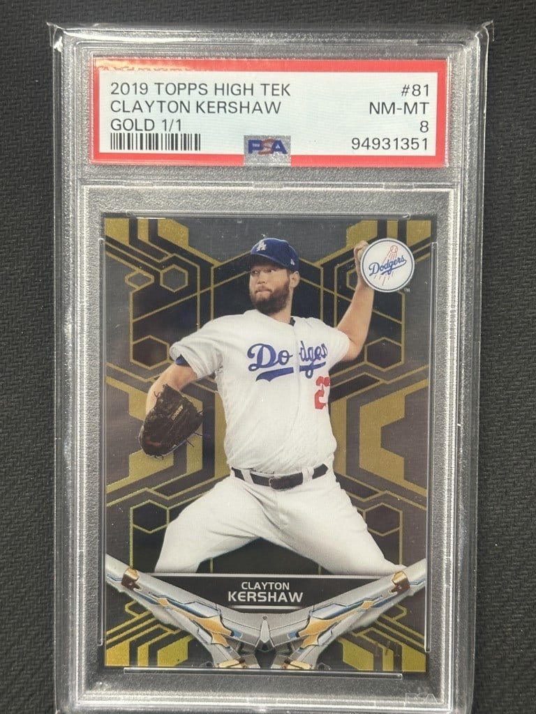 Clayton Kershaw 2019 Topps High Tek Gold PSA 8 Baseball Card #81: Clayton Kershaw 2019 Topps High Tek Gold PSA 8 Baseball Card #81 This is a 2019 Topps High Tek Gold baseball card featuring Clayton Kershaw, a prominent pitcher for the Los Angeles Dodgers. The card i