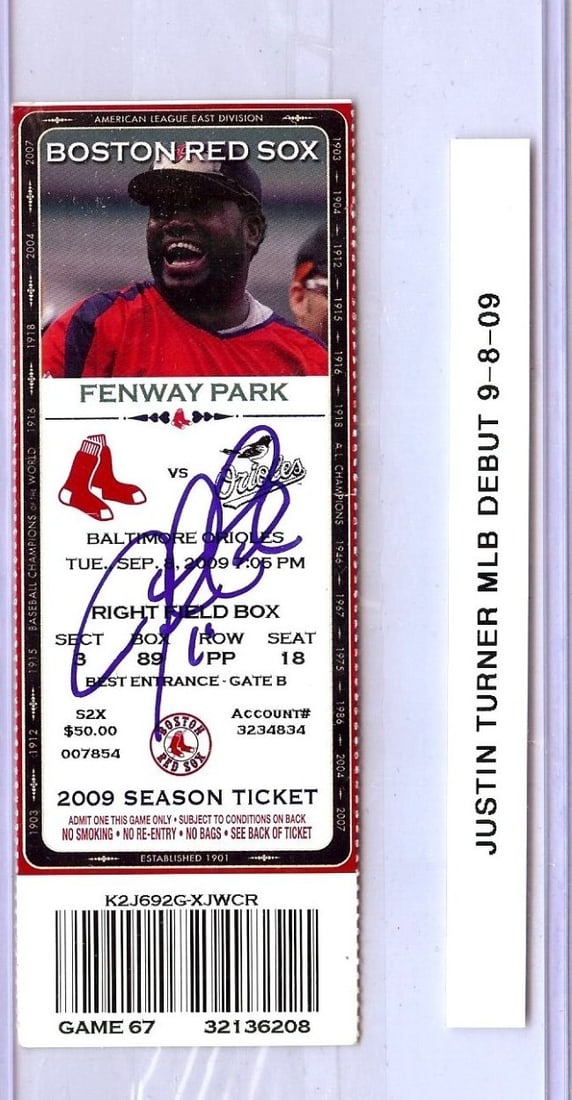 Justin Turner Autographed MLB Debut Ticket Stub 9/8/09 Orioles (1 of 2)